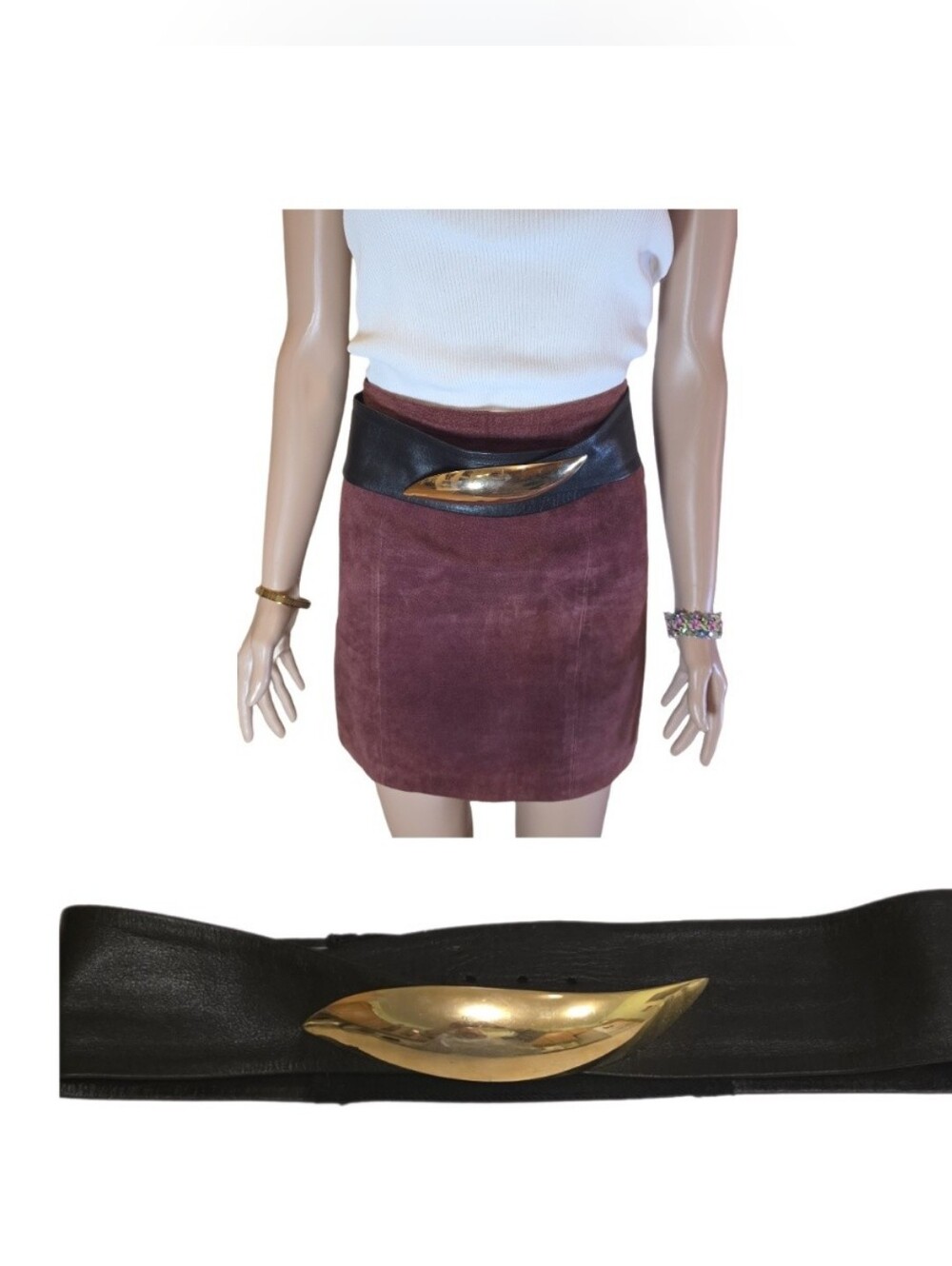 Vintage Minimalist  Black Leather Cinch Belt Gold Abstract Buckle 30- 33 Waist